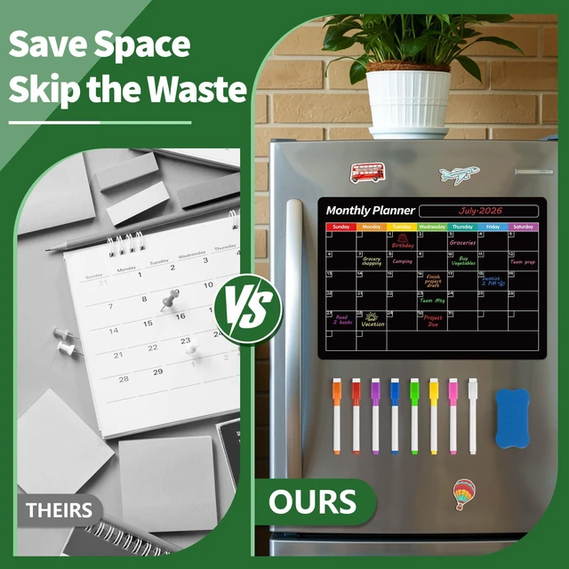 Alt view image 4 of 7 - 4 Pack Fridge Calendar, Magnetic Calendar for Dry Erase, Black Magnetic Dry Erase Board, Monthly Calendar for Fridge with 8 Markers & Eraser for Cleaning Schedule and Checklist