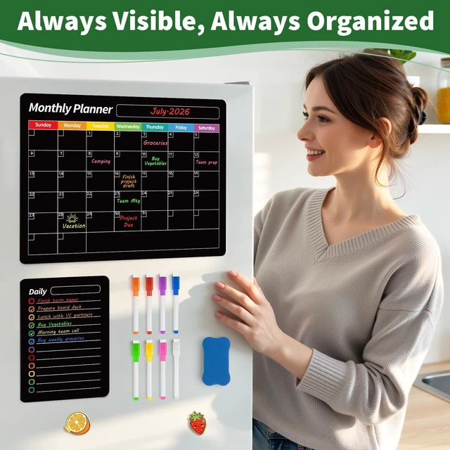 Alt view image 3 of 7 - 4 Pack Fridge Calendar, Magnetic Calendar for Dry Erase, Black Magnetic Dry Erase Board, Monthly Calendar for Fridge with 8 Markers & Eraser for Cleaning Schedule and Checklist