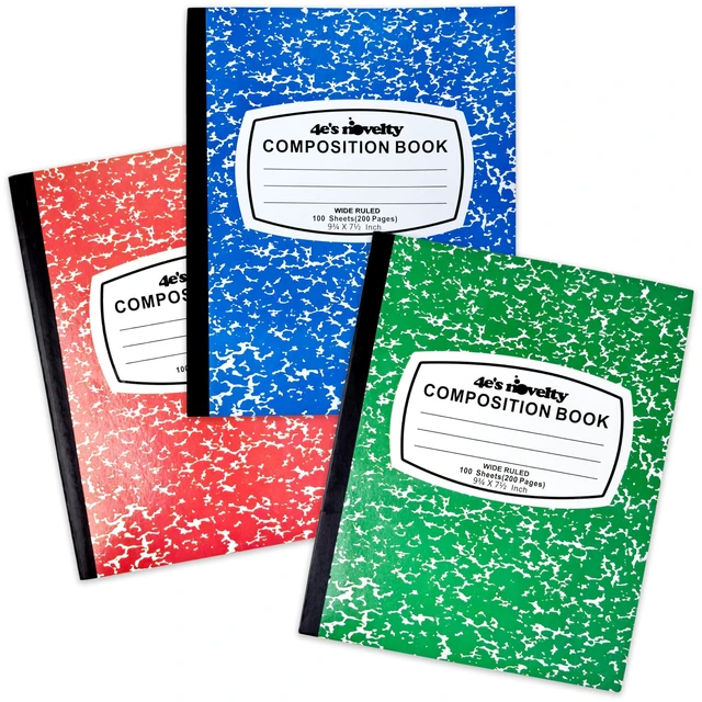 Main image of Wide Ruled Composition Notebooks - Pack of 3-100 Sheets 9.75" x 7.5" - Hard Cover Red Blue Green Cute Marble Colors, Bulk Compositon Book Wide Ruling, Back to School Supplies