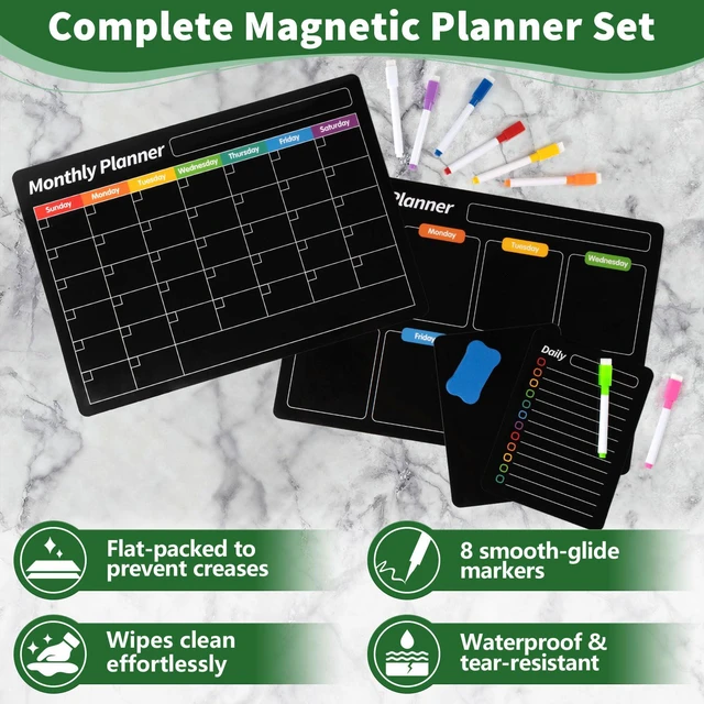 Alt view image 5 of 7 - 4 Pack Fridge Calendar, Magnetic Calendar for Dry Erase, Black Magnetic Dry Erase Board, Monthly Calendar for Fridge with 8 Markers & Eraser for Cleaning Schedule and Checklist
