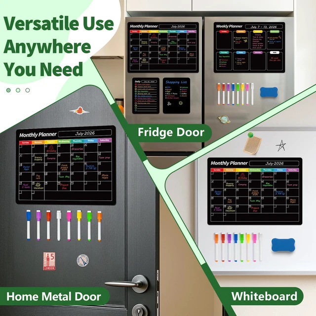 Alt view image 6 of 7 - 4 Pack Fridge Calendar, Magnetic Calendar for Dry Erase, Black Magnetic Dry Erase Board, Monthly Calendar for Fridge with 8 Markers & Eraser for Cleaning Schedule and Checklist