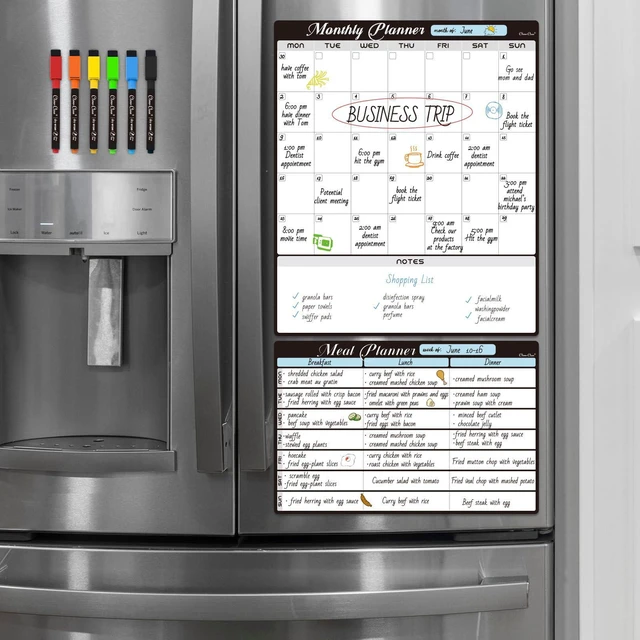 Main image of Magnetic Dry Erase Monthly Calendar Set - 15.5"x13" Monthly Calendar and 8.5"x13" Menu Board for Fridge - 6 Extra Fine Point Markers Included - Shipped Flat