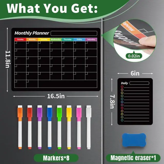 Alt view image 7 of 7 - 4 Pack Fridge Calendar, Magnetic Calendar for Dry Erase, Black Magnetic Dry Erase Board, Monthly Calendar for Fridge with 8 Markers & Eraser for Cleaning Schedule and Checklist
