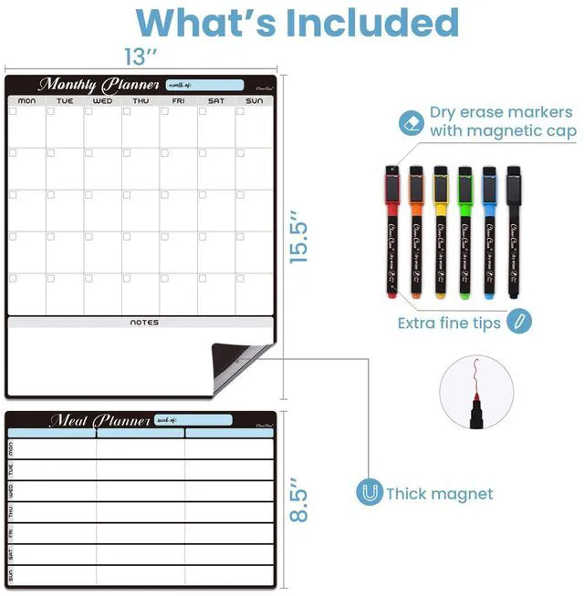 Alt view image 2 of 6 - Magnetic Dry Erase Monthly Calendar Set - 15.5"x13" Monthly Calendar and 8.5"x13" Menu Board for Fridge - 6 Extra Fine Point Markers Included - Shipped Flat