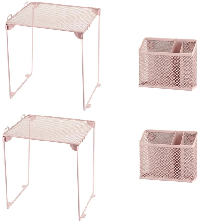 Main image of Neudeoc Locker Organizer Kit with Mesh Locker Shelf and Magnetic Pen Holders, 4-Piece Locker Accessories Set for School, Work & Gym, Foldable Stackable Metal Shelf, Fits Standard Lockers, Pink