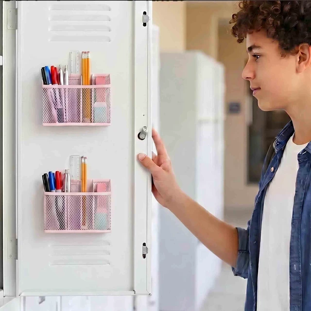 Alt view image 2 of 7 - Neudeoc Locker Organizer Kit with Mesh Locker Shelf and Magnetic Pen Holders, 4-Piece Locker Accessories Set for School, Work & Gym, Foldable Stackable Metal Shelf, Fits Standard Lockers, Pink