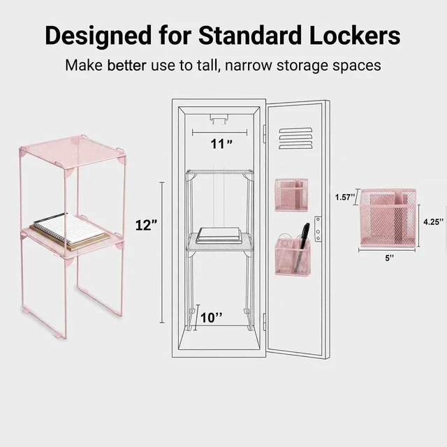 Alt view image 3 of 7 - Neudeoc Locker Organizer Kit with Mesh Locker Shelf and Magnetic Pen Holders, 4-Piece Locker Accessories Set for School, Work & Gym, Foldable Stackable Metal Shelf, Fits Standard Lockers, Pink