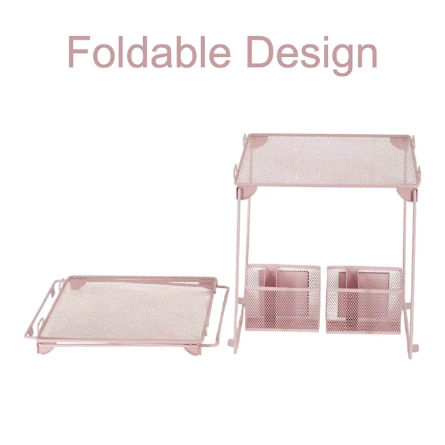 Alt view image 4 of 7 - Neudeoc Locker Organizer Kit with Mesh Locker Shelf and Magnetic Pen Holders, 4-Piece Locker Accessories Set for School, Work & Gym, Foldable Stackable Metal Shelf, Fits Standard Lockers, Pink