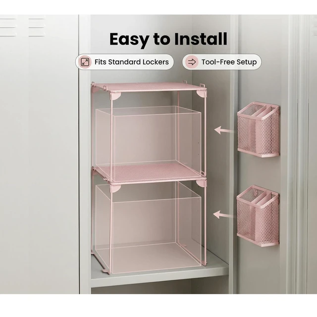 Alt view image 5 of 7 - Neudeoc Locker Organizer Kit with Mesh Locker Shelf and Magnetic Pen Holders, 4-Piece Locker Accessories Set for School, Work & Gym, Foldable Stackable Metal Shelf, Fits Standard Lockers, Pink