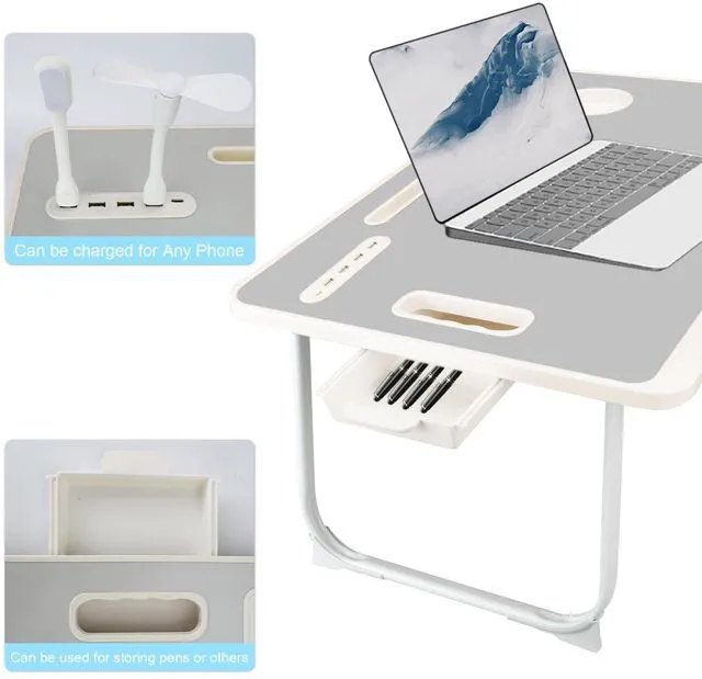 Alt view image 3 of 7 - Laptop Bed Table, Laptop Desk for Bed, Foldable Laptop Bed Desk with USB Charge Port, Handle, Desktop Card Slot, Cup Slot, Side Drawer, Portable Laptop Table for Bed Eating Reading Working