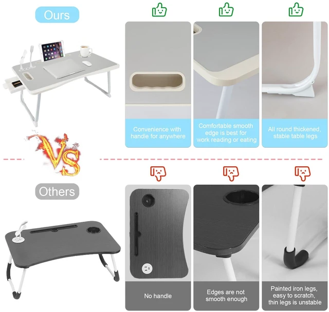 Alt view image 4 of 7 - Laptop Bed Table, Laptop Desk for Bed, Foldable Laptop Bed Desk with USB Charge Port, Handle, Desktop Card Slot, Cup Slot, Side Drawer, Portable Laptop Table for Bed Eating Reading Working