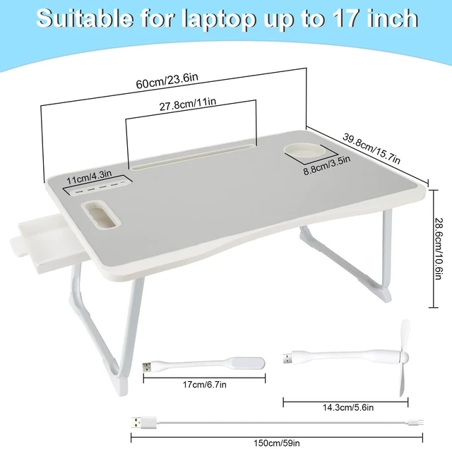 Alt view image 2 of 7 - Laptop Bed Table, Laptop Desk for Bed, Foldable Laptop Bed Desk with USB Charge Port, Handle, Desktop Card Slot, Cup Slot, Side Drawer, Portable Laptop Table for Bed Eating Reading Working