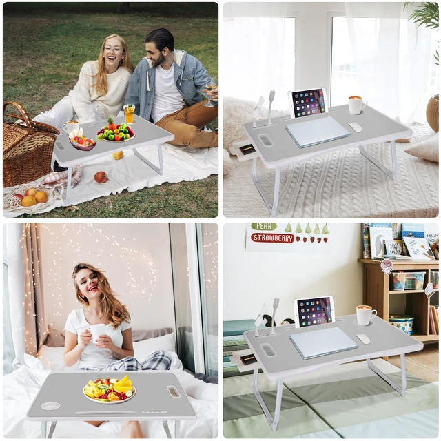 Alt view image 6 of 7 - Laptop Bed Table, Laptop Desk for Bed, Foldable Laptop Bed Desk with USB Charge Port, Handle, Desktop Card Slot, Cup Slot, Side Drawer, Portable Laptop Table for Bed Eating Reading Working
