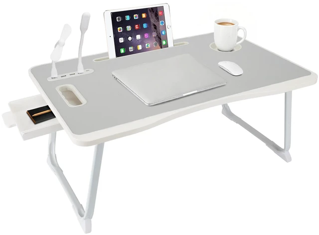 Alt view image 7 of 7 - Laptop Bed Table, Laptop Desk for Bed, Foldable Laptop Bed Desk with USB Charge Port, Handle, Desktop Card Slot, Cup Slot, Side Drawer, Portable Laptop Table for Bed Eating Reading Working