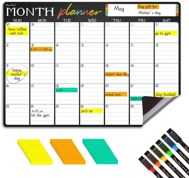 Main image of Magnetic Dry Erase Monthly Calendar - 17"x12" Monthly Calendar for Fridge - 36 Reusable Highlight Tabs - 6 Extra Fine Point Markers Included - Shipped Flat