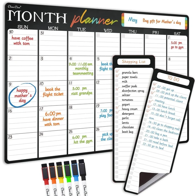 Main image of Magnetic Dry Erase Monthly Calendar - 17"x12" Monthly Calendar for Fridge - 4"x12" List Board 2 Pcs - 6 Extra Fine Point Markers Included - Shipped Flat