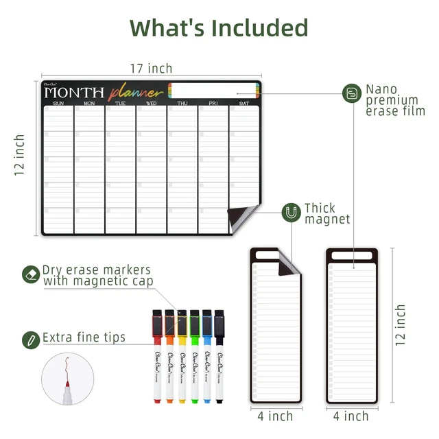 Alt view image 2 of 7 - Magnetic Dry Erase Monthly Calendar - 17"x12" Monthly Calendar for Fridge - 4"x12" List Board 2 Pcs - 6 Extra Fine Point Markers Included - Shipped Flat