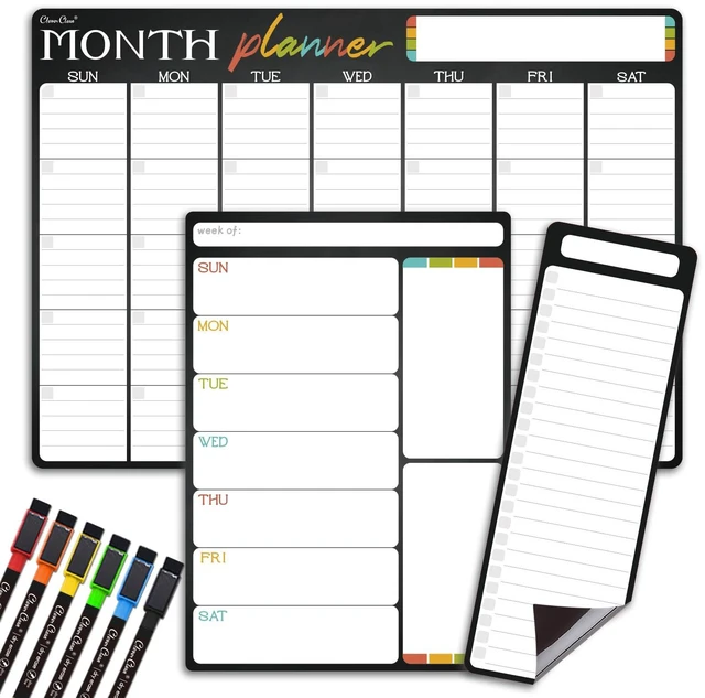 Main image of Magnetic Dry Erase Monthly Calendar Set - 17"x12" Monthly and 8.5"x12" Weekly Calendar, 4"x12" List Board for Fridge - 6 Extra Fine Point Dry Erase Markers Included - Shipped Flat