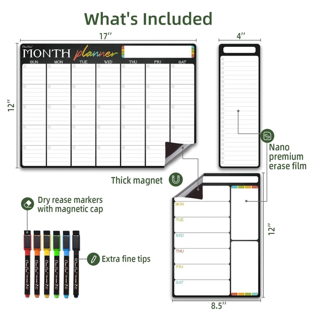 Alt view image 2 of 6 - Magnetic Dry Erase Monthly Calendar Set - 17"x12" Monthly and 8.5"x12" Weekly Calendar, 4"x12" List Board for Fridge - 6 Extra Fine Point Dry Erase Markers Included - Shipped Flat