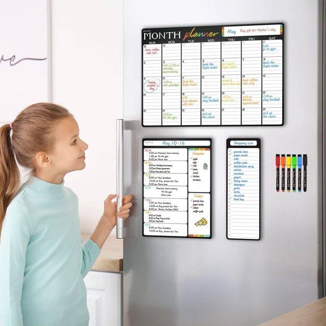 Alt view image 5 of 6 - Magnetic Dry Erase Monthly Calendar Set - 17"x12" Monthly and 8.5"x12" Weekly Calendar, 4"x12" List Board for Fridge - 6 Extra Fine Point Dry Erase Markers Included - Shipped Flat