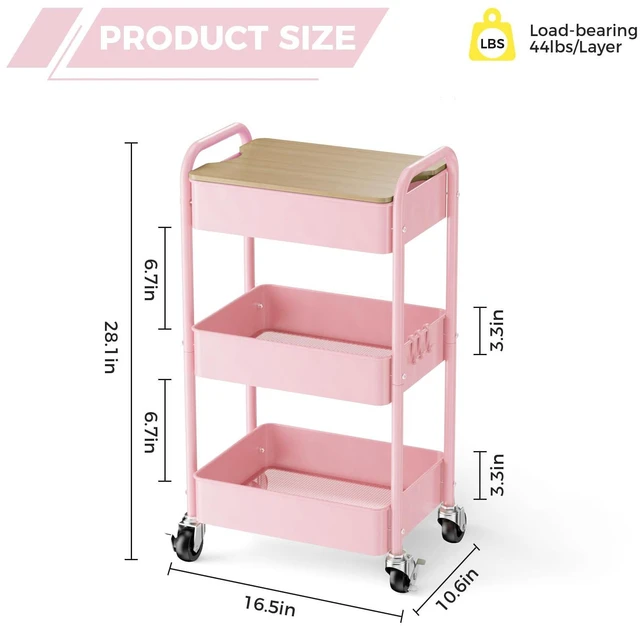 Alt view image 2 of 7 - 3-Tier Rolling Cart with Table Top, Metal Utility Cart on Wheels Sturdy Storage Organizer Cart with Lockable Wheels&Hooks for Craft, Office, Classroom, Kitchen and Bathroom, Pink