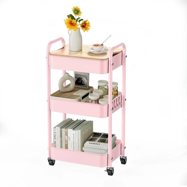 Main image of 3-Tier Rolling Cart with Table Top, Metal Utility Cart on Wheels Sturdy Storage Organizer Cart with Lockable Wheels&Hooks for Craft, Office, Classroom, Kitchen and Bathroom, Pink