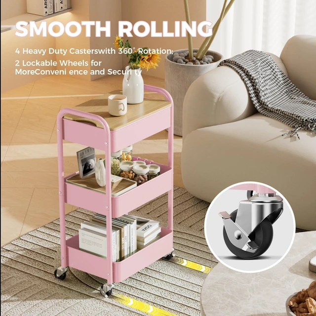 Alt view image 3 of 7 - 3-Tier Rolling Cart with Table Top, Metal Utility Cart on Wheels Sturdy Storage Organizer Cart with Lockable Wheels&Hooks for Craft, Office, Classroom, Kitchen and Bathroom, Pink