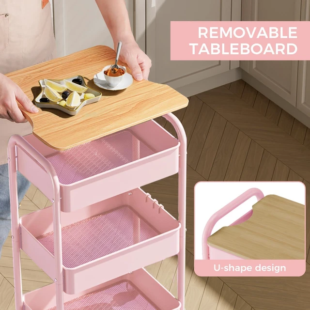 Alt view image 4 of 7 - 3-Tier Rolling Cart with Table Top, Metal Utility Cart on Wheels Sturdy Storage Organizer Cart with Lockable Wheels&Hooks for Craft, Office, Classroom, Kitchen and Bathroom, Pink