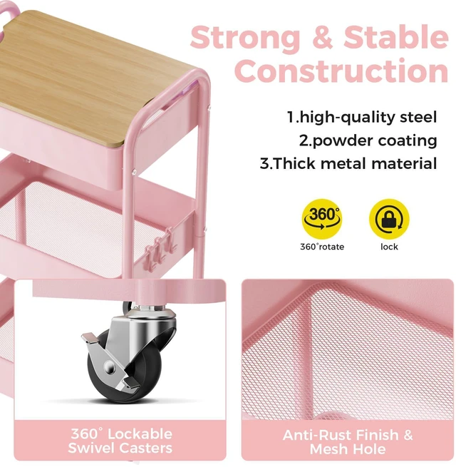 Alt view image 5 of 7 - 3-Tier Rolling Cart with Table Top, Metal Utility Cart on Wheels Sturdy Storage Organizer Cart with Lockable Wheels&Hooks for Craft, Office, Classroom, Kitchen and Bathroom, Pink