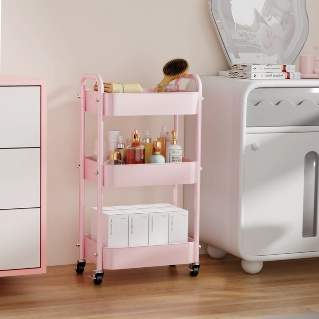 Alt view image 7 of 7 - 3-Tier Rolling Cart with Table Top, Metal Utility Cart on Wheels Sturdy Storage Organizer Cart with Lockable Wheels&Hooks for Craft, Office, Classroom, Kitchen and Bathroom, Pink