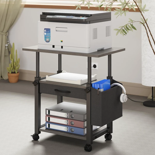 Main image of 22"x15" Large Printer Stand with Drawer, 3-Tier Rolling Table Cart Storage Drawer and Side Bag,Height Adjustable Cart,Fit printer/fax/3d/scanner,4 lock wheels or feet,Gray