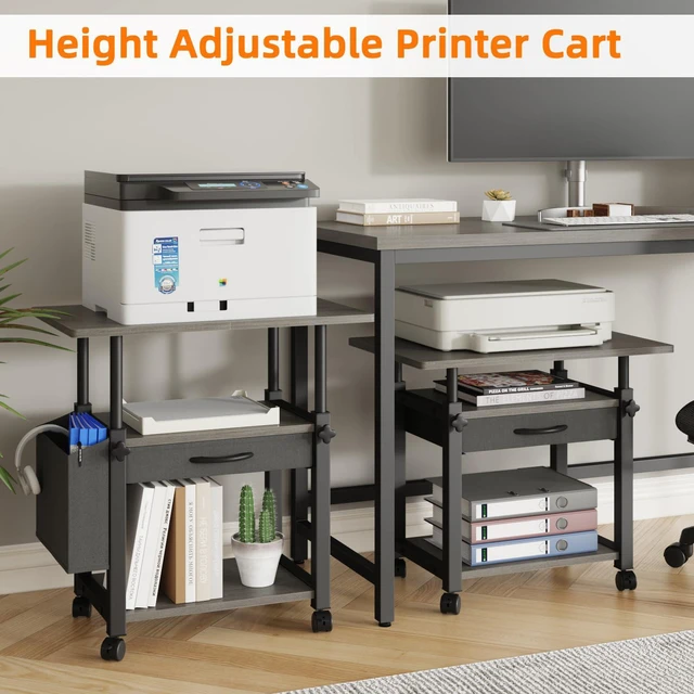 Alt view image 2 of 7 - 22"x15" Large Printer Stand with Drawer, 3-Tier Rolling Table Cart Storage Drawer and Side Bag,Height Adjustable Cart,Fit printer/fax/3d/scanner,4 lock wheels or feet,Gray