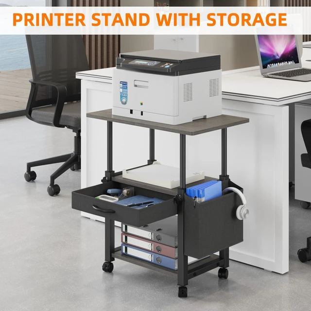 Alt view image 3 of 7 - 22"x15" Large Printer Stand with Drawer, 3-Tier Rolling Table Cart Storage Drawer and Side Bag,Height Adjustable Cart,Fit printer/fax/3d/scanner,4 lock wheels or feet,Gray