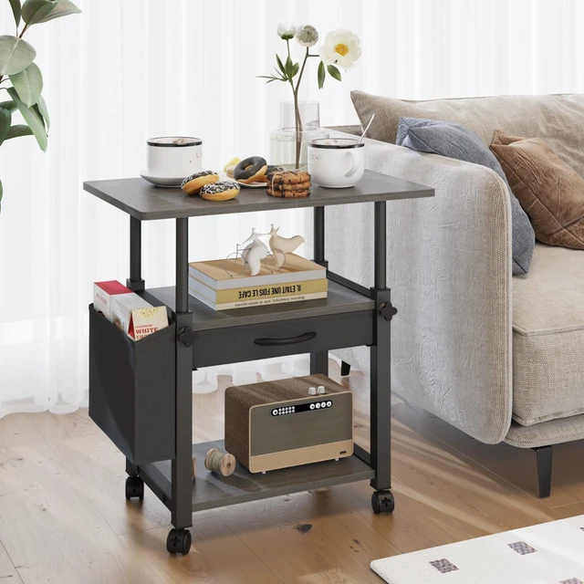 Alt view image 5 of 7 - 22"x15" Large Printer Stand with Drawer, 3-Tier Rolling Table Cart Storage Drawer and Side Bag,Height Adjustable Cart,Fit printer/fax/3d/scanner,4 lock wheels or feet,Gray