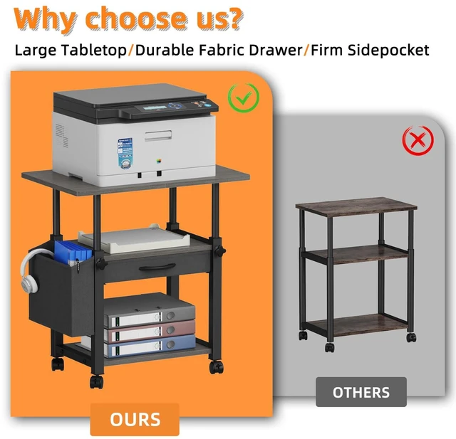 Alt view image 4 of 7 - 22"x15" Large Printer Stand with Drawer, 3-Tier Rolling Table Cart Storage Drawer and Side Bag,Height Adjustable Cart,Fit printer/fax/3d/scanner,4 lock wheels or feet,Gray