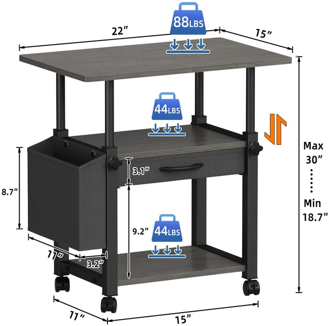 Alt view image 7 of 7 - 22"x15" Large Printer Stand with Drawer, 3-Tier Rolling Table Cart Storage Drawer and Side Bag,Height Adjustable Cart,Fit printer/fax/3d/scanner,4 lock wheels or feet,Gray