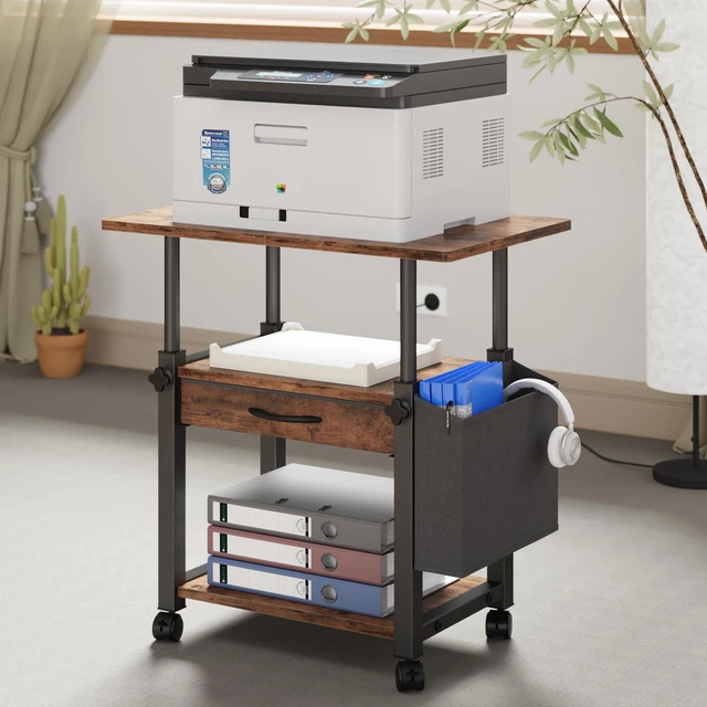 Main image of 22"x15" Large Printer Stand with Drawer, 3-Tier Rolling Table Cart Storage Drawer and Side Bag,Height Adjustable Cart,Fit printer/fax/3d/scanner,4 lock wheels or feet,Home Office,Rustic Brown