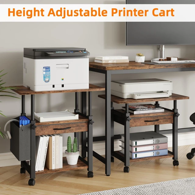 Alt view image 2 of 7 - 22"x15" Large Printer Stand with Drawer, 3-Tier Rolling Table Cart Storage Drawer and Side Bag,Height Adjustable Cart,Fit printer/fax/3d/scanner,4 lock wheels or feet,Home Office,Rustic Brown