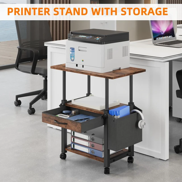 Alt view image 3 of 7 - 22"x15" Large Printer Stand with Drawer, 3-Tier Rolling Table Cart Storage Drawer and Side Bag,Height Adjustable Cart,Fit printer/fax/3d/scanner,4 lock wheels or feet,Home Office,Rustic Brown