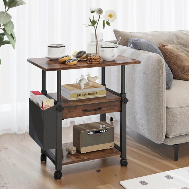 Alt view image 6 of 7 - 22"x15" Large Printer Stand with Drawer, 3-Tier Rolling Table Cart Storage Drawer and Side Bag,Height Adjustable Cart,Fit printer/fax/3d/scanner,4 lock wheels or feet,Home Office,Rustic Brown