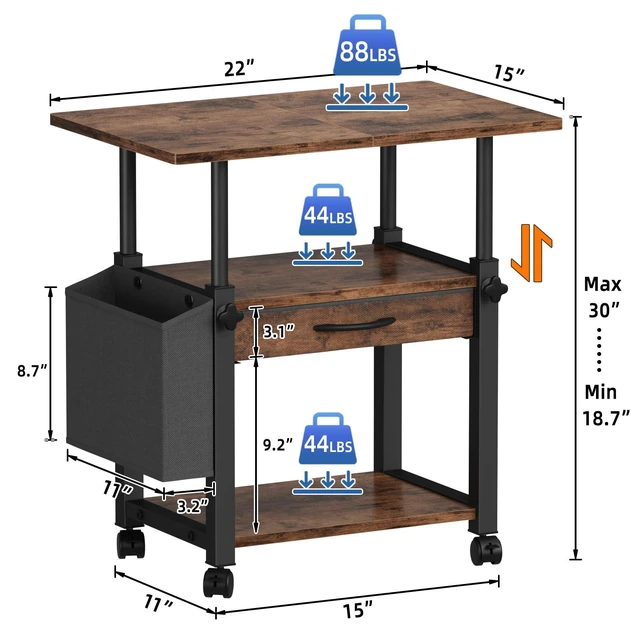 Alt view image 7 of 7 - 22"x15" Large Printer Stand with Drawer, 3-Tier Rolling Table Cart Storage Drawer and Side Bag,Height Adjustable Cart,Fit printer/fax/3d/scanner,4 lock wheels or feet,Home Office,Rustic Brown