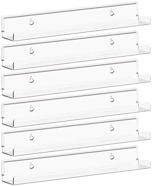 Main image of Narrow Acrylic Floating Shelves for Vinyl Record 12", Clear 6 Pack Wall Shelf for Nail Polish, Book, Picture, Makeup, Album Covers Display Organizer for Bedroom, Living Room, Bathroom Decor