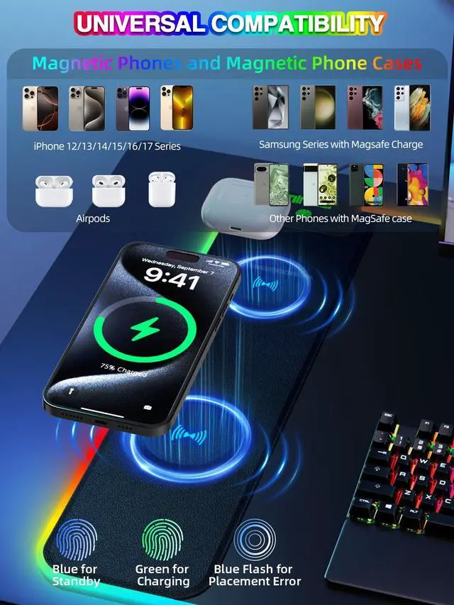 Alt view image 2 of 7 - Mouse Pad with 15W Magnetic Wireless Charging, RGB Mousepad for Desk Mat, XXL Desk Pad with 11 Colors 5 Modes, Home Office Keyboard Pad Waterproof Non-Slip for PC Gaming