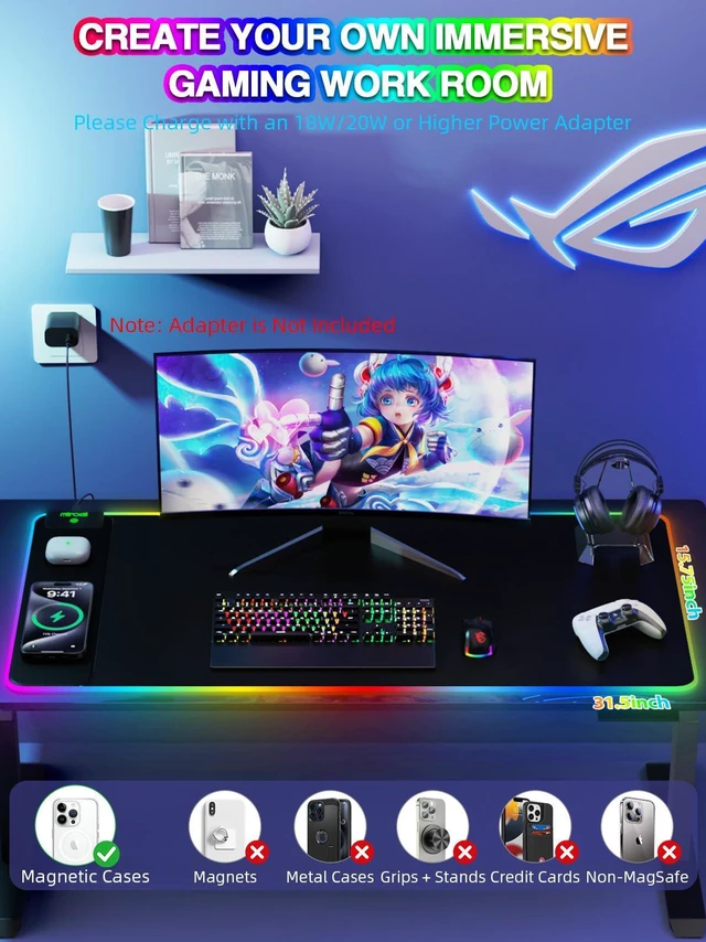 Alt view image 3 of 7 - Mouse Pad with 15W Magnetic Wireless Charging, RGB Mousepad for Desk Mat, XXL Desk Pad with 11 Colors 5 Modes, Home Office Keyboard Pad Waterproof Non-Slip for PC Gaming