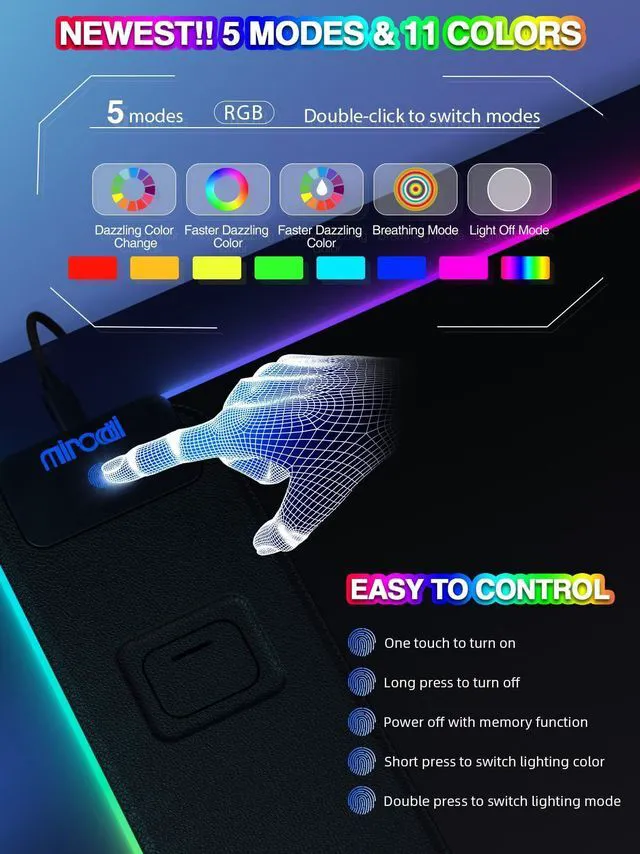 Alt view image 4 of 7 - Mouse Pad with 15W Magnetic Wireless Charging, RGB Mousepad for Desk Mat, XXL Desk Pad with 11 Colors 5 Modes, Home Office Keyboard Pad Waterproof Non-Slip for PC Gaming