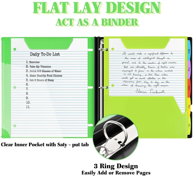 Alt view image 3 of 7 - All-in-one Telescoping Binder Notebook - 2PCSRefillable 3 Ring Notebook Binder with 1 plastic movable pocket folder,5 plastic subject dividers and graph paper and college ruled paper - Green