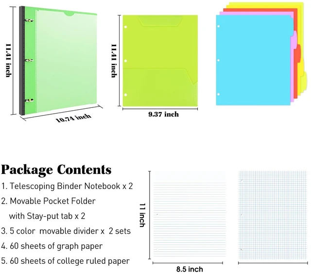 Alt view image 2 of 7 - All-in-one Telescoping Binder Notebook - 2PCSRefillable 3 Ring Notebook Binder with 1 plastic movable pocket folder,5 plastic subject dividers and graph paper and college ruled paper - Green