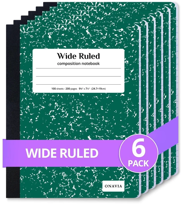 Main image of Composition Notebook Wide Ruled 6 Pack, 200 Pages, Marble Green 100 ct, 9.75 x 7.5 in, Wide Ruled Composition Notebook, Durable Comp Book, School Notebooks, Note Taking, Students