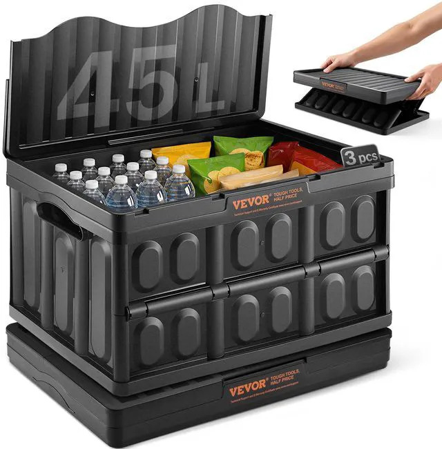 Main image of 45L Collapsible Storage Bins with Lids 3 Packs, Stackable Utility Crates with Handles, Large Folding Containers for Organizing Tools, Snacks, Books, Food, Drinks, Camping & Transport