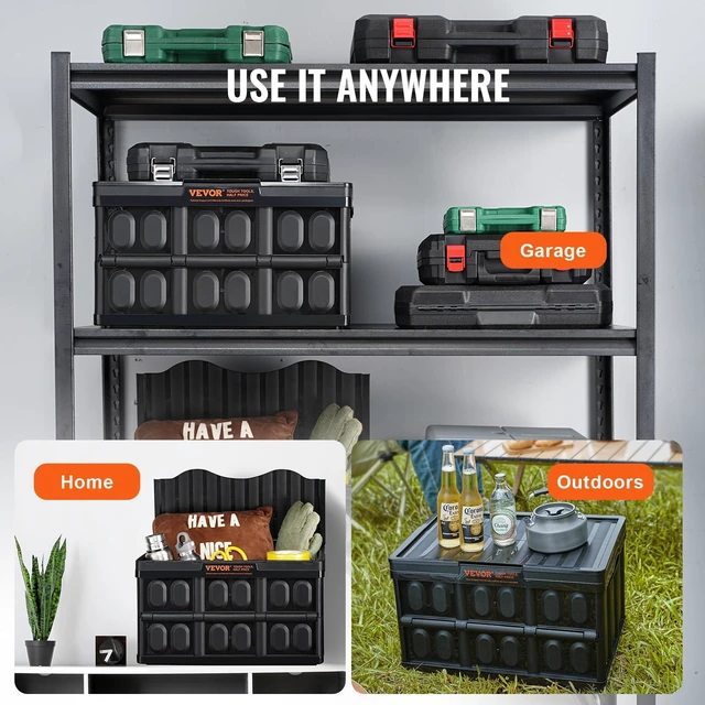 Alt view image 7 of 7 - 45L Collapsible Storage Bins with Lids 3 Packs, Stackable Utility Crates with Handles, Large Folding Containers for Organizing Tools, Snacks, Books, Food, Drinks, Camping & Transport